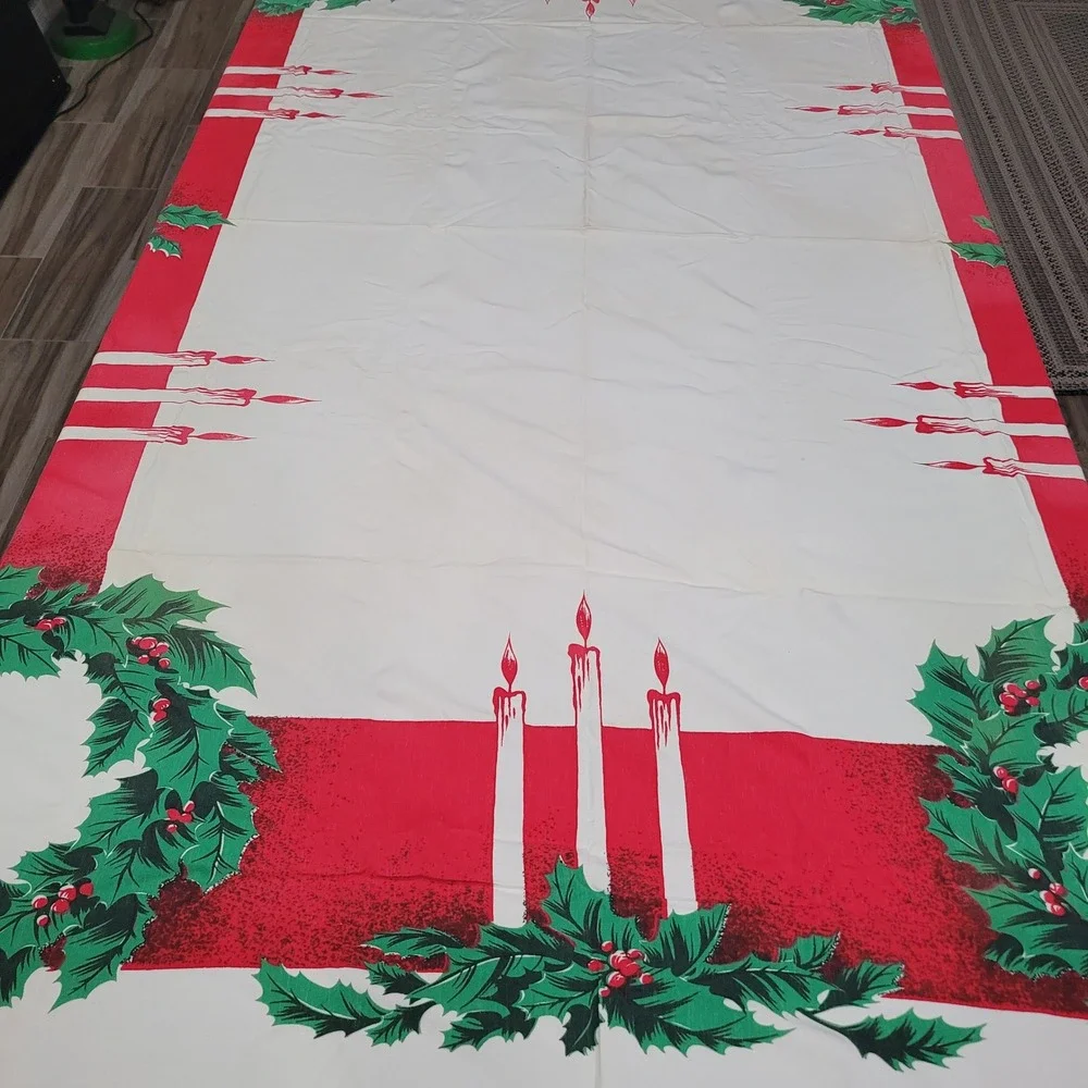 Vintage California Hand Prints Christmas Tablecloth Wreath Candle MCM 60